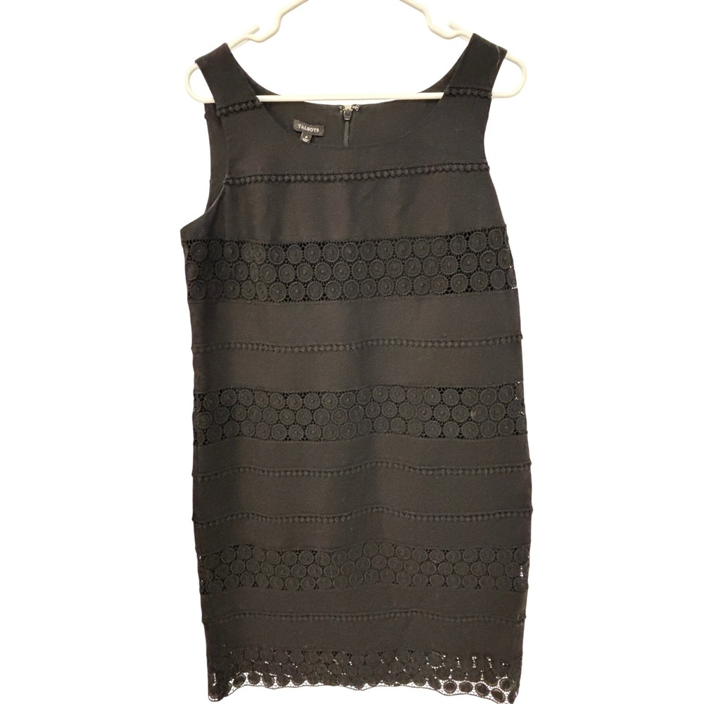 Talbots Black Linen Cotton Crochet Lace Trim Sleeveless Shift Dress Womens 8‎